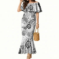 White Aloha Hawaiian Mermaid Dress Monstera Hibiscus Tropical Pattern