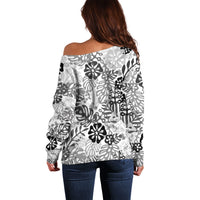 White Aloha Hawaiian Off Shoulder Sweater Monstera Hibiscus Tropical Pattern