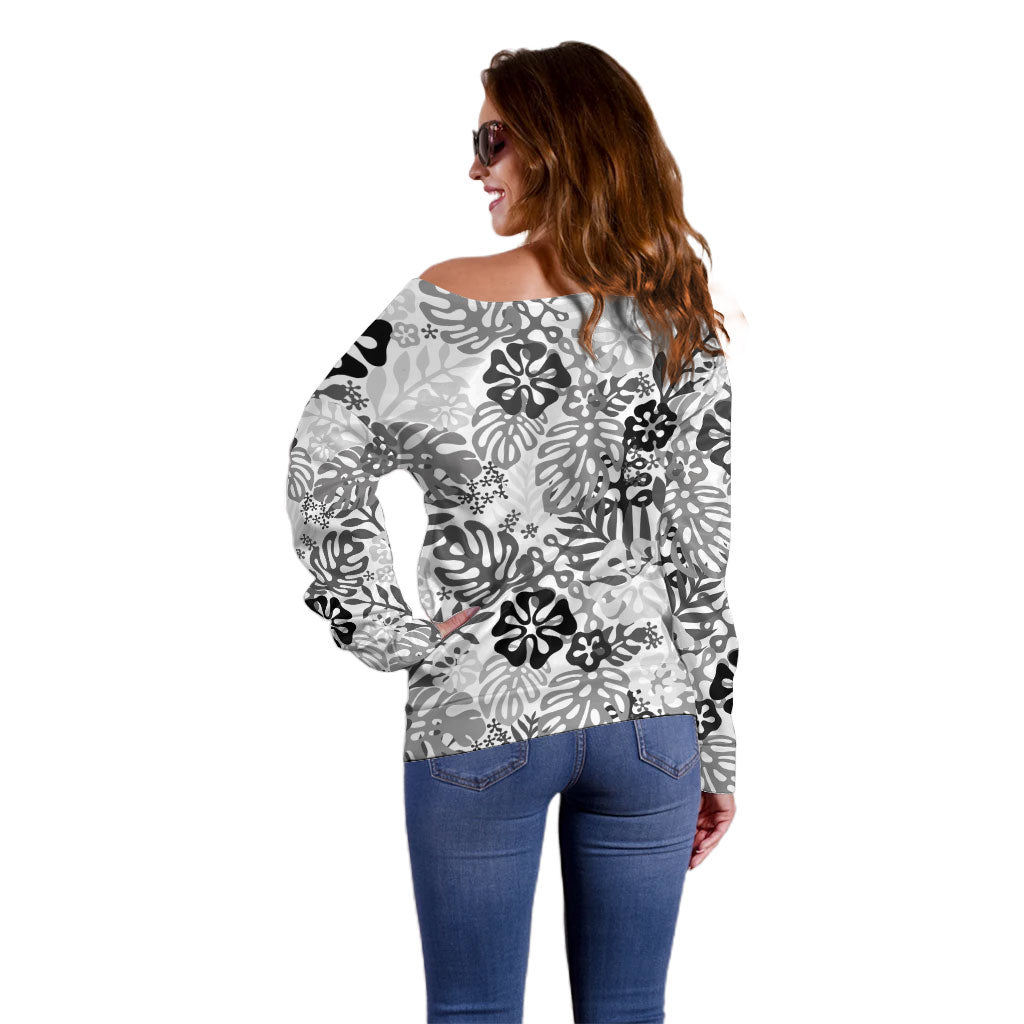 White Aloha Hawaiian Off Shoulder Sweater Monstera Hibiscus Tropical Pattern