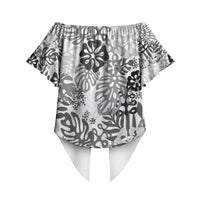 White Aloha Hawaiian Off Shoulder Wrap Waist Top Monstera Hibiscus Tropical Pattern