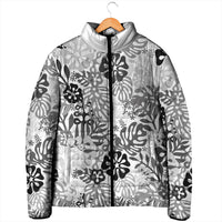 White Aloha Hawaiian Padded Jacket Monstera Hibiscus Tropical Pattern
