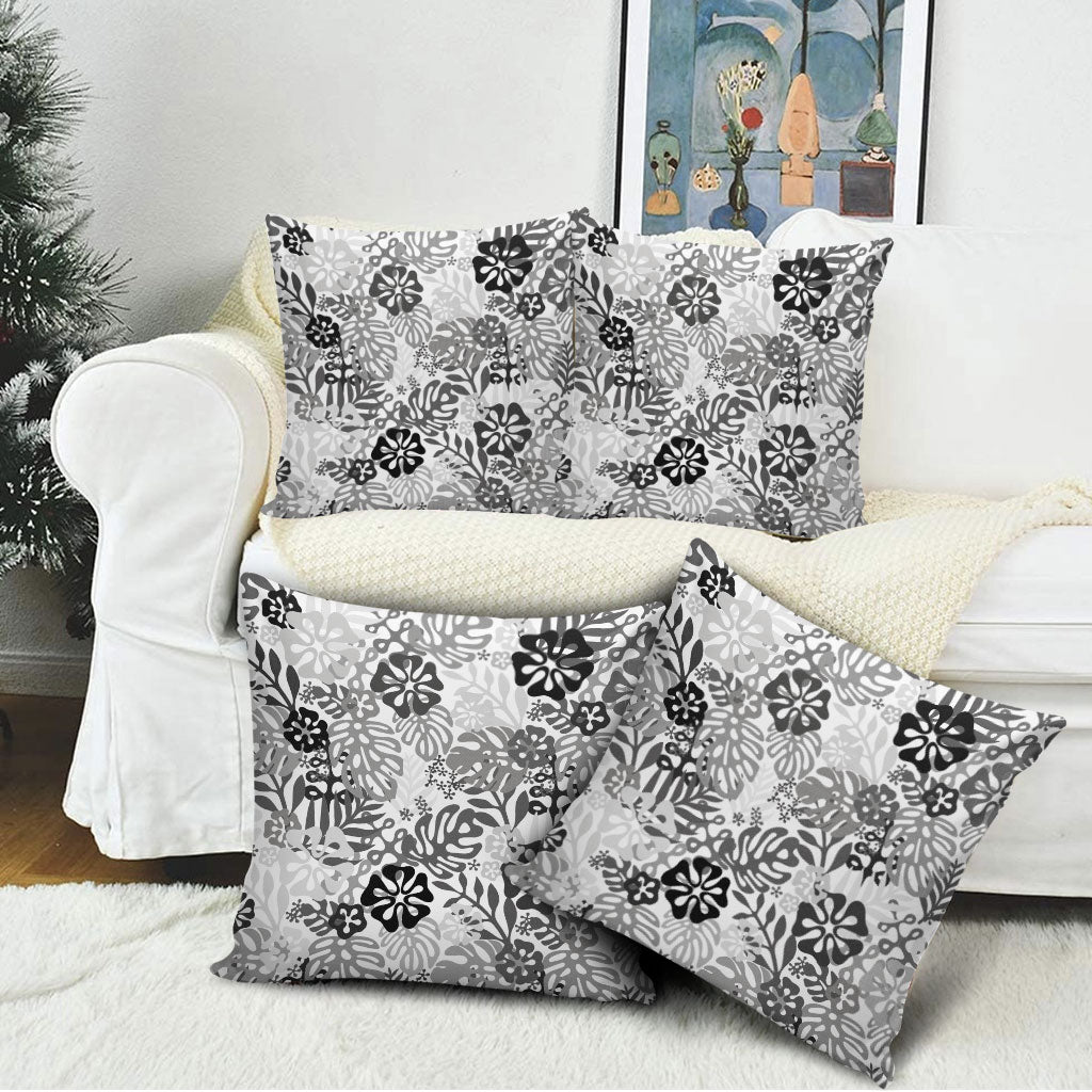 White Aloha Hawaiian Pillow Cover Monstera Hibiscus Tropical Pattern