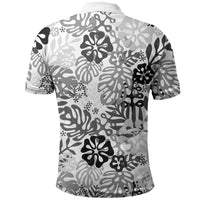 White Aloha Hawaiian Polo Shirt Monstera Hibiscus Tropical Pattern
