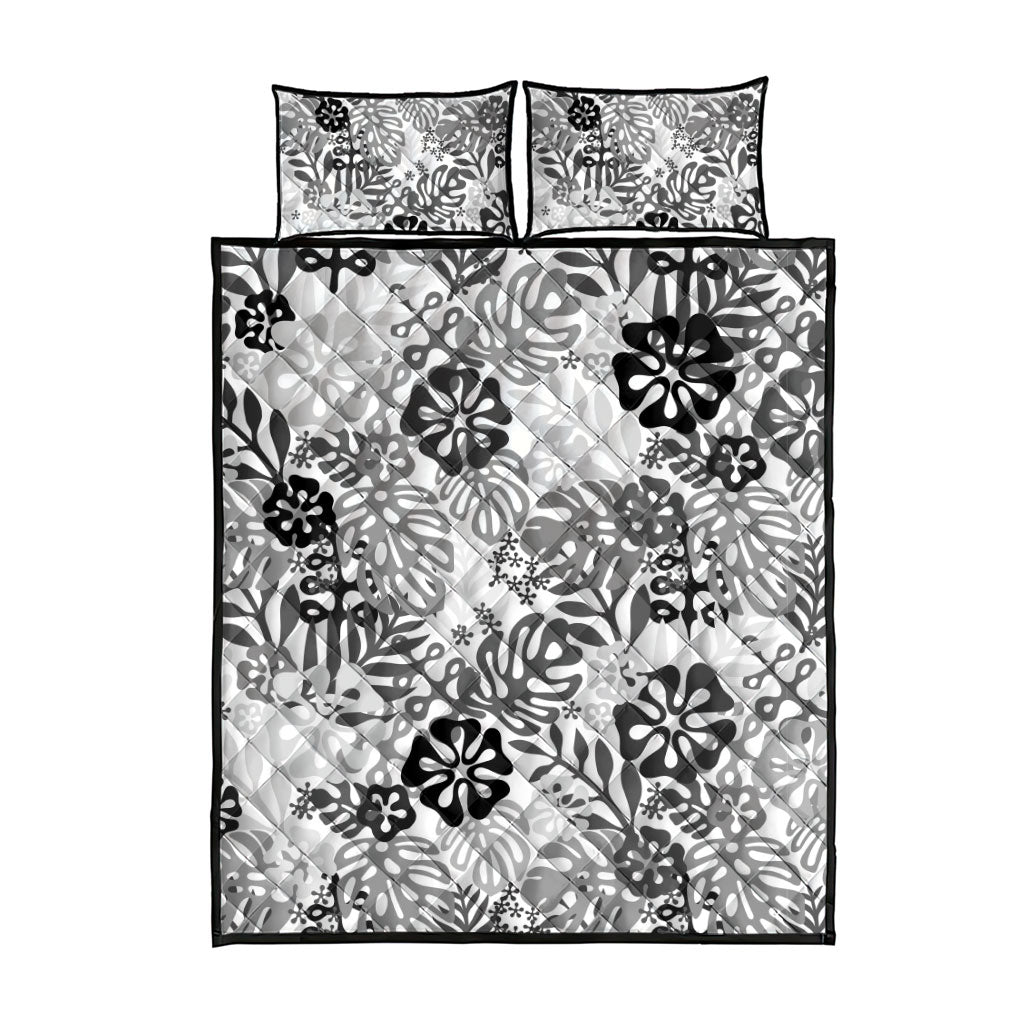 White Aloha Hawaiian Quilt Bed Set Monstera Hibiscus Tropical Pattern