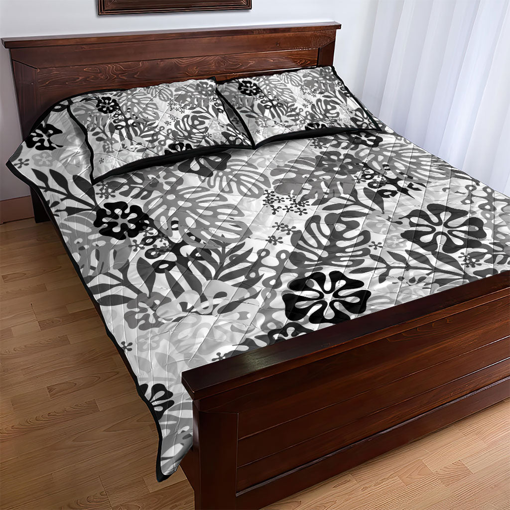 White Aloha Hawaiian Quilt Bed Set Monstera Hibiscus Tropical Pattern