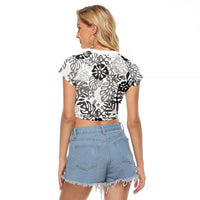 White Aloha Hawaiian Raglan Cropped T Shirt Monstera Hibiscus Tropical Pattern