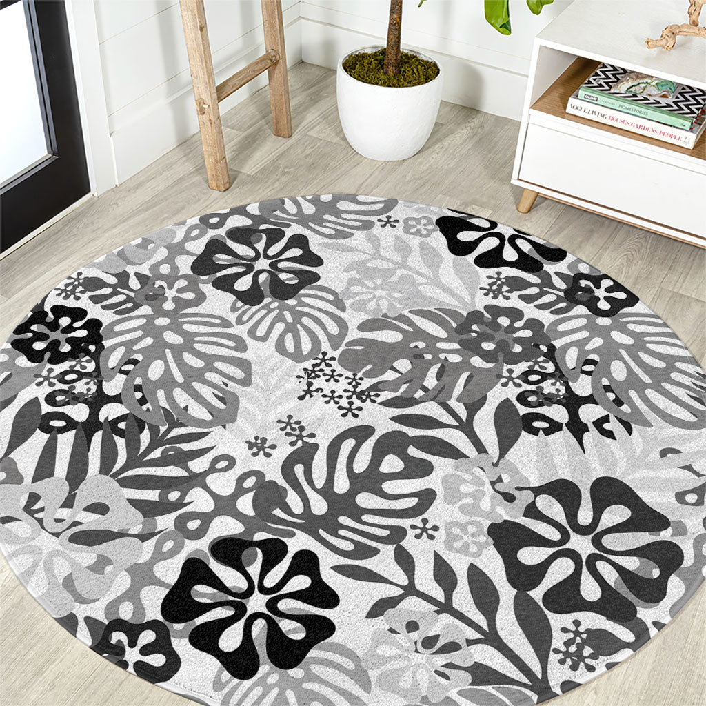 White Aloha Hawaiian Round Carpet Monstera Hibiscus Tropical Pattern