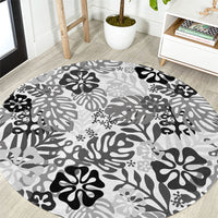 White Aloha Hawaiian Round Carpet Monstera Hibiscus Tropical Pattern