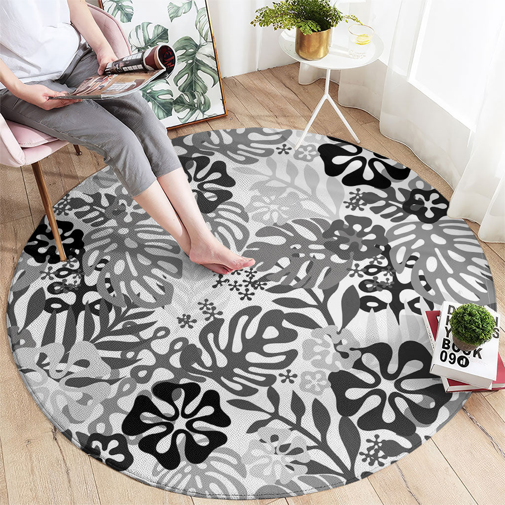 White Aloha Hawaiian Round Carpet Monstera Hibiscus Tropical Pattern