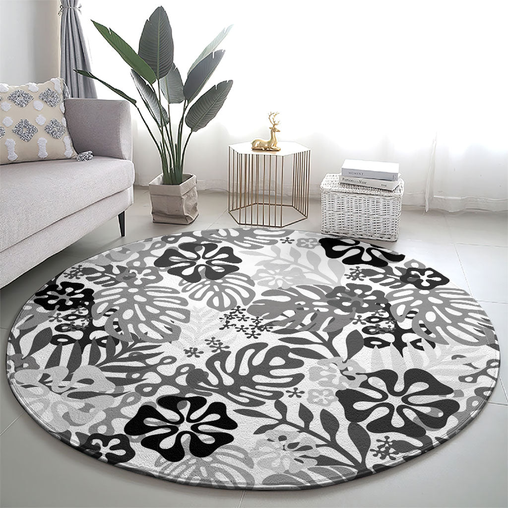 White Aloha Hawaiian Round Carpet Monstera Hibiscus Tropical Pattern