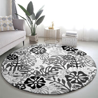 White Aloha Hawaiian Round Carpet Monstera Hibiscus Tropical Pattern