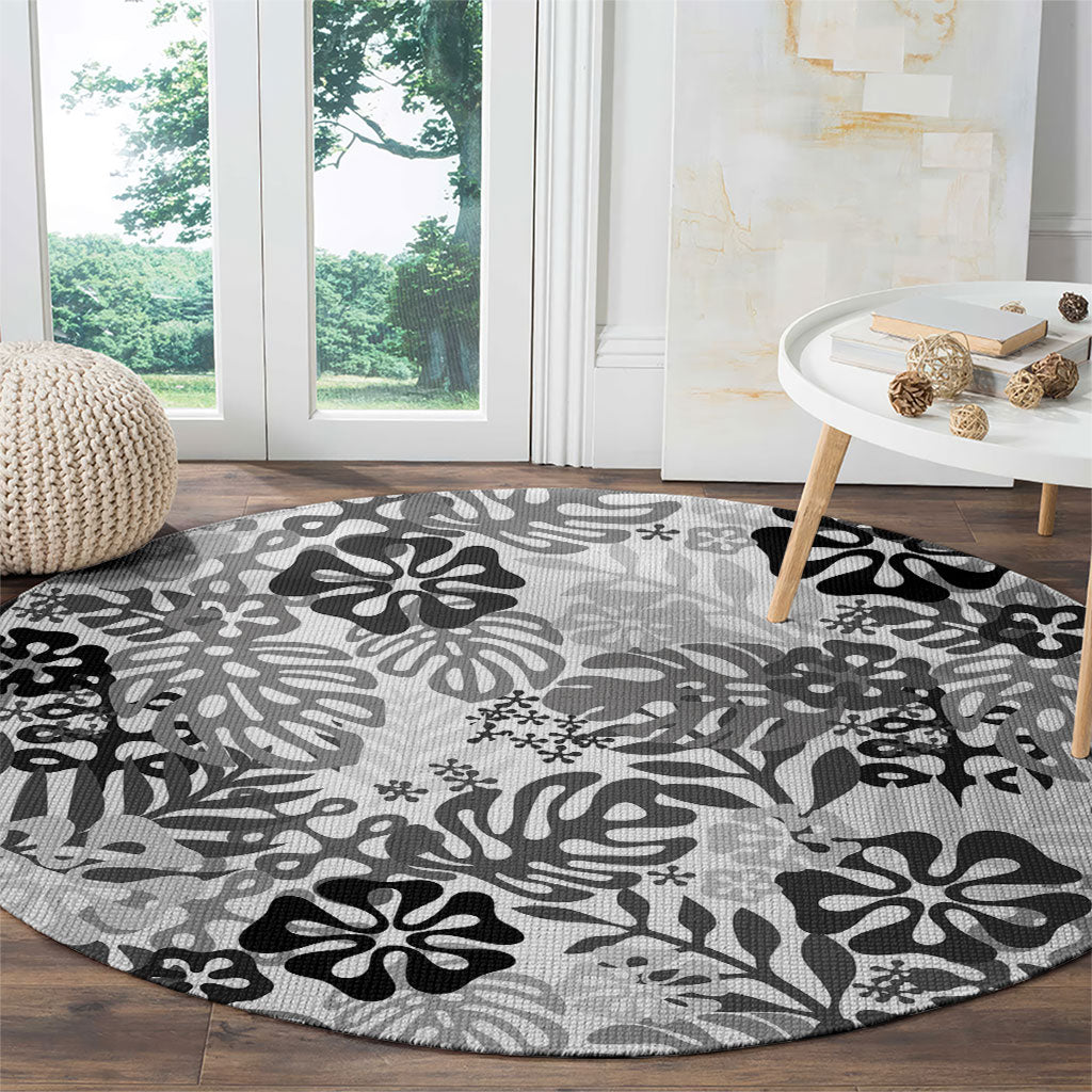 White Aloha Hawaiian Round Carpet Monstera Hibiscus Tropical Pattern