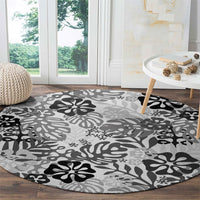 White Aloha Hawaiian Round Carpet Monstera Hibiscus Tropical Pattern