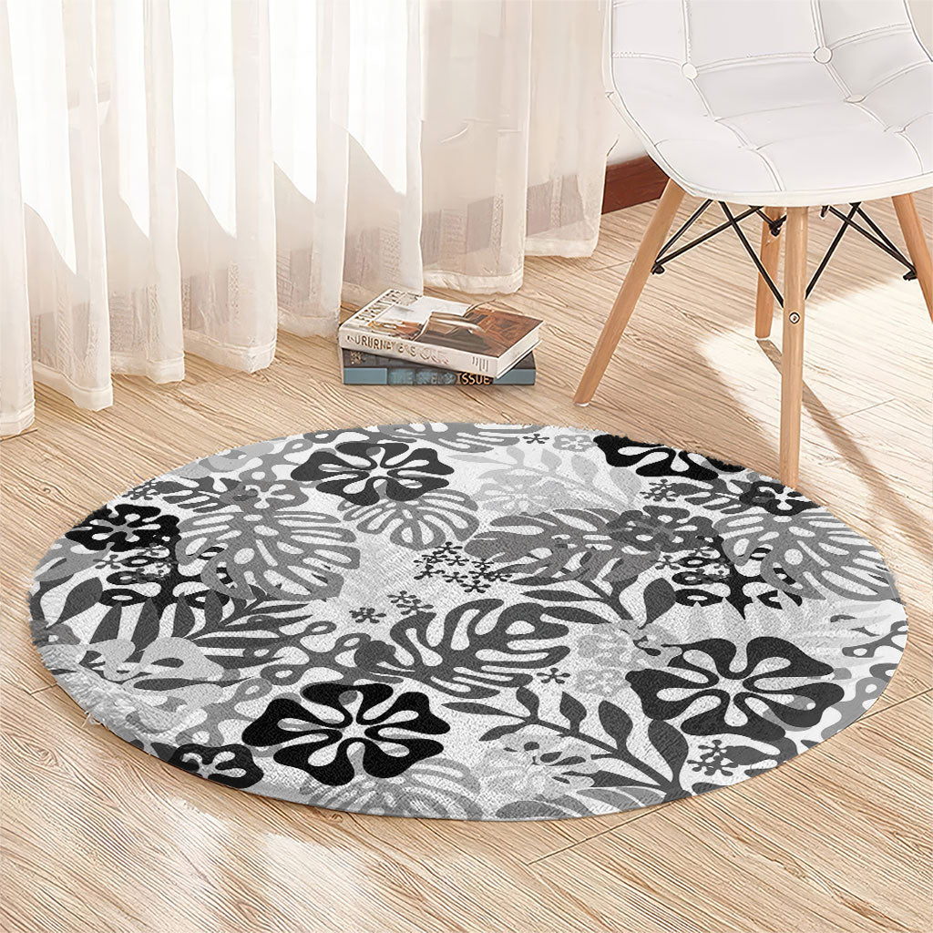 White Aloha Hawaiian Round Carpet Monstera Hibiscus Tropical Pattern