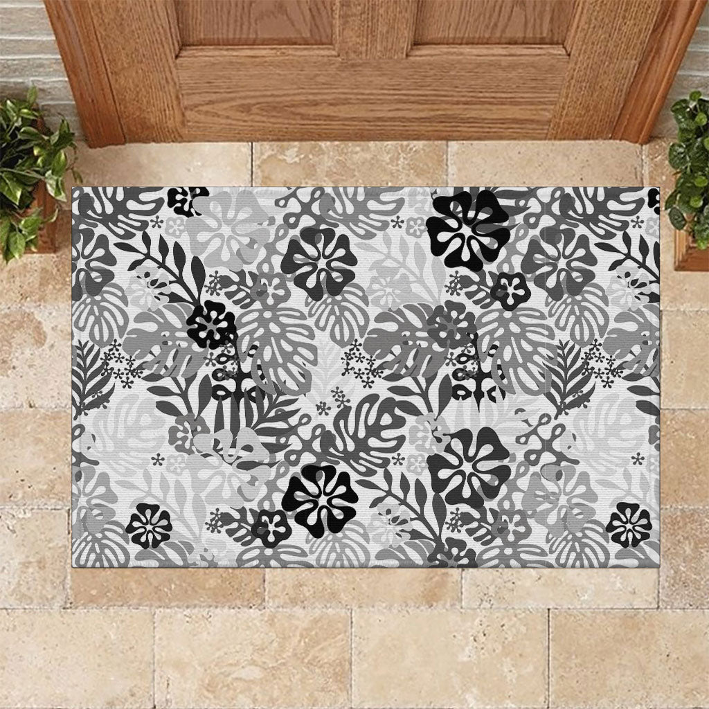 White Aloha Hawaiian Rubber Doormat Monstera Hibiscus Tropical Pattern