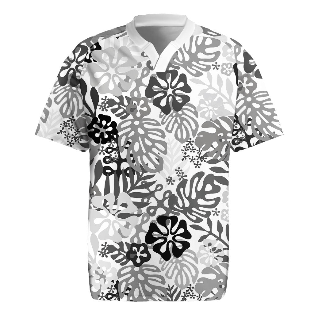 White Aloha Hawaiian Rugby Jersey Monstera Hibiscus Tropical Pattern