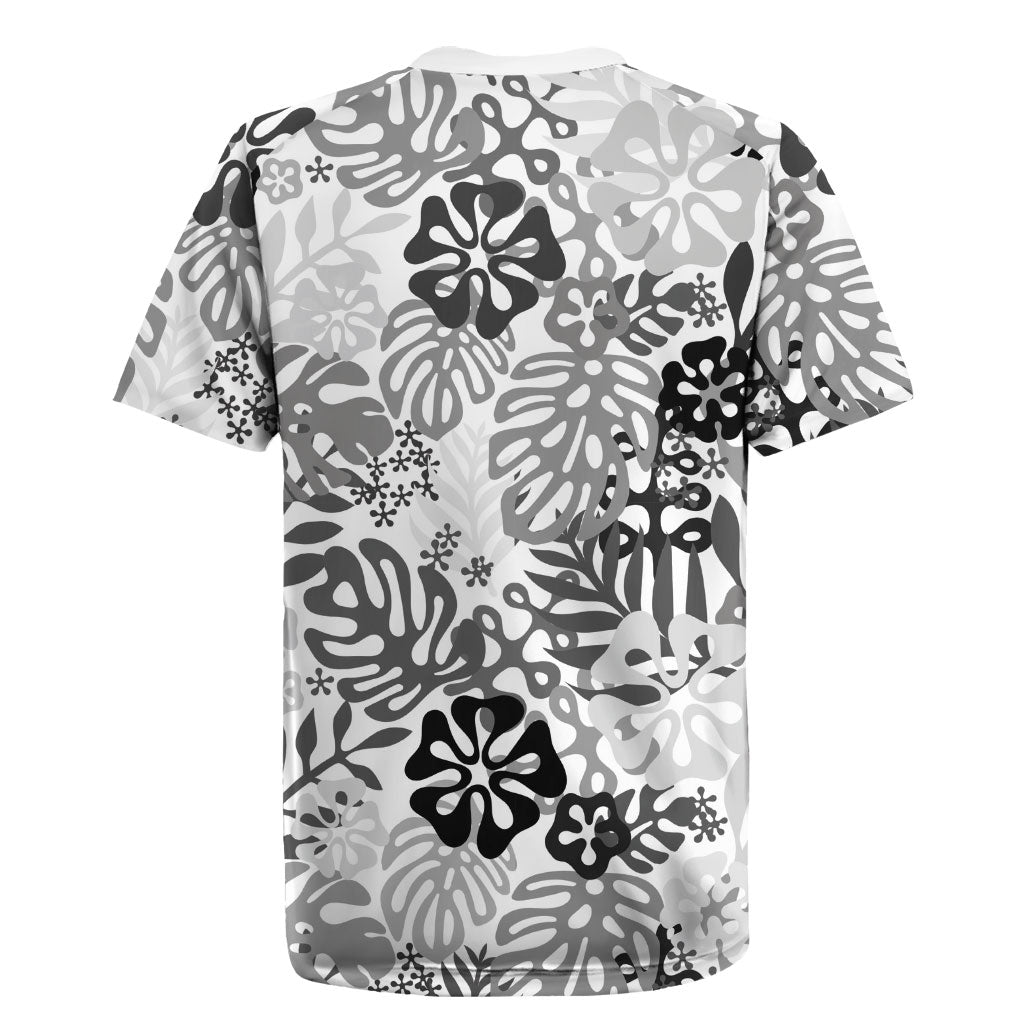White Aloha Hawaiian Rugby Jersey Monstera Hibiscus Tropical Pattern