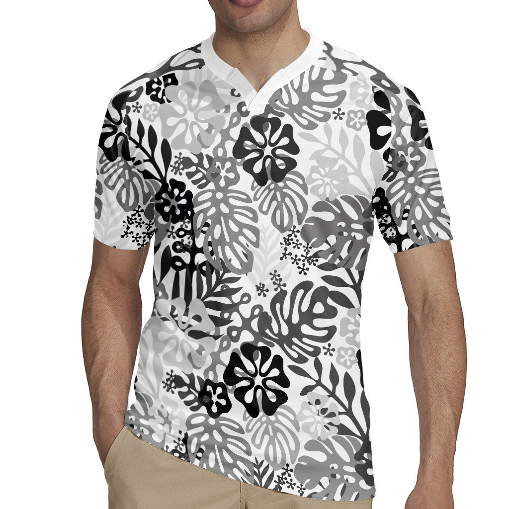 White Aloha Hawaiian Rugby Jersey Monstera Hibiscus Tropical Pattern