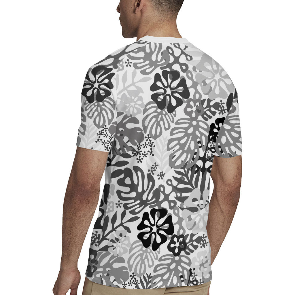 White Aloha Hawaiian Rugby Jersey Monstera Hibiscus Tropical Pattern