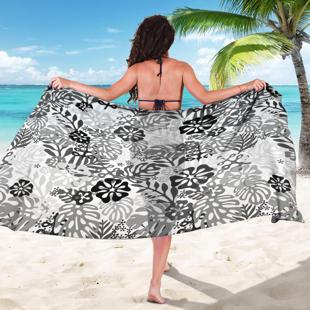 White Aloha Hawaiian Sarong Monstera Hibiscus Tropical Pattern