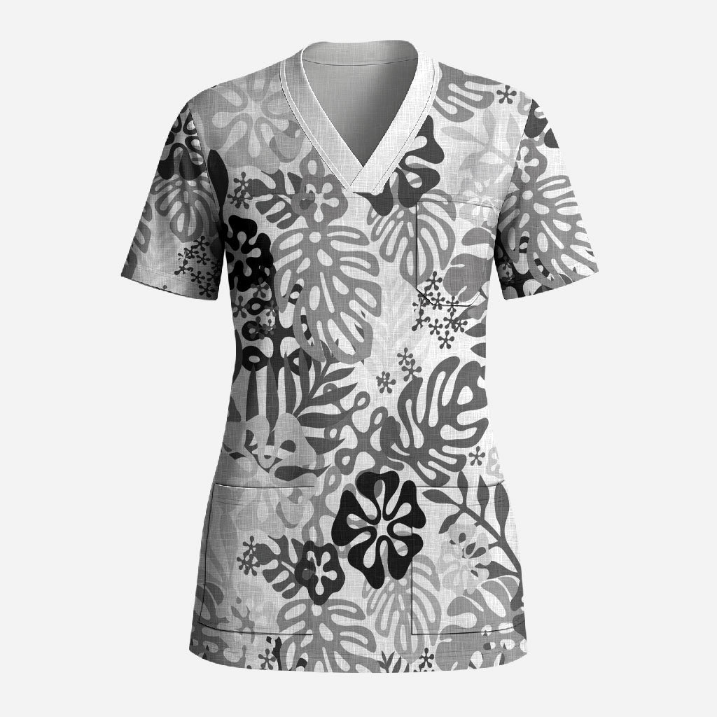 White Aloha Hawaiian Scrub Top Monstera Hibiscus Tropical Pattern