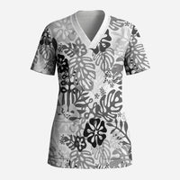 White Aloha Hawaiian Scrub Top Monstera Hibiscus Tropical Pattern