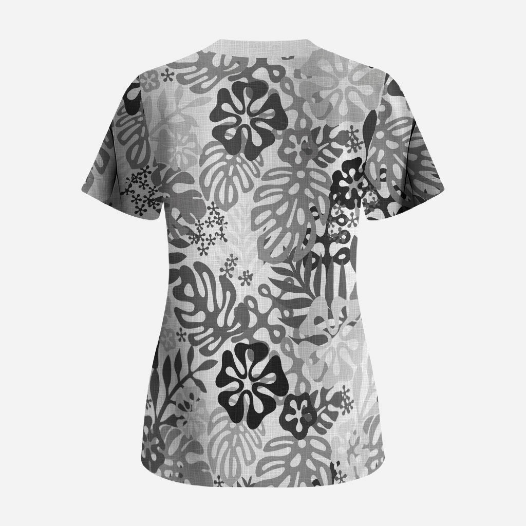 White Aloha Hawaiian Scrub Top Monstera Hibiscus Tropical Pattern