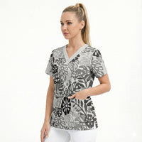 White Aloha Hawaiian Scrub Top Monstera Hibiscus Tropical Pattern