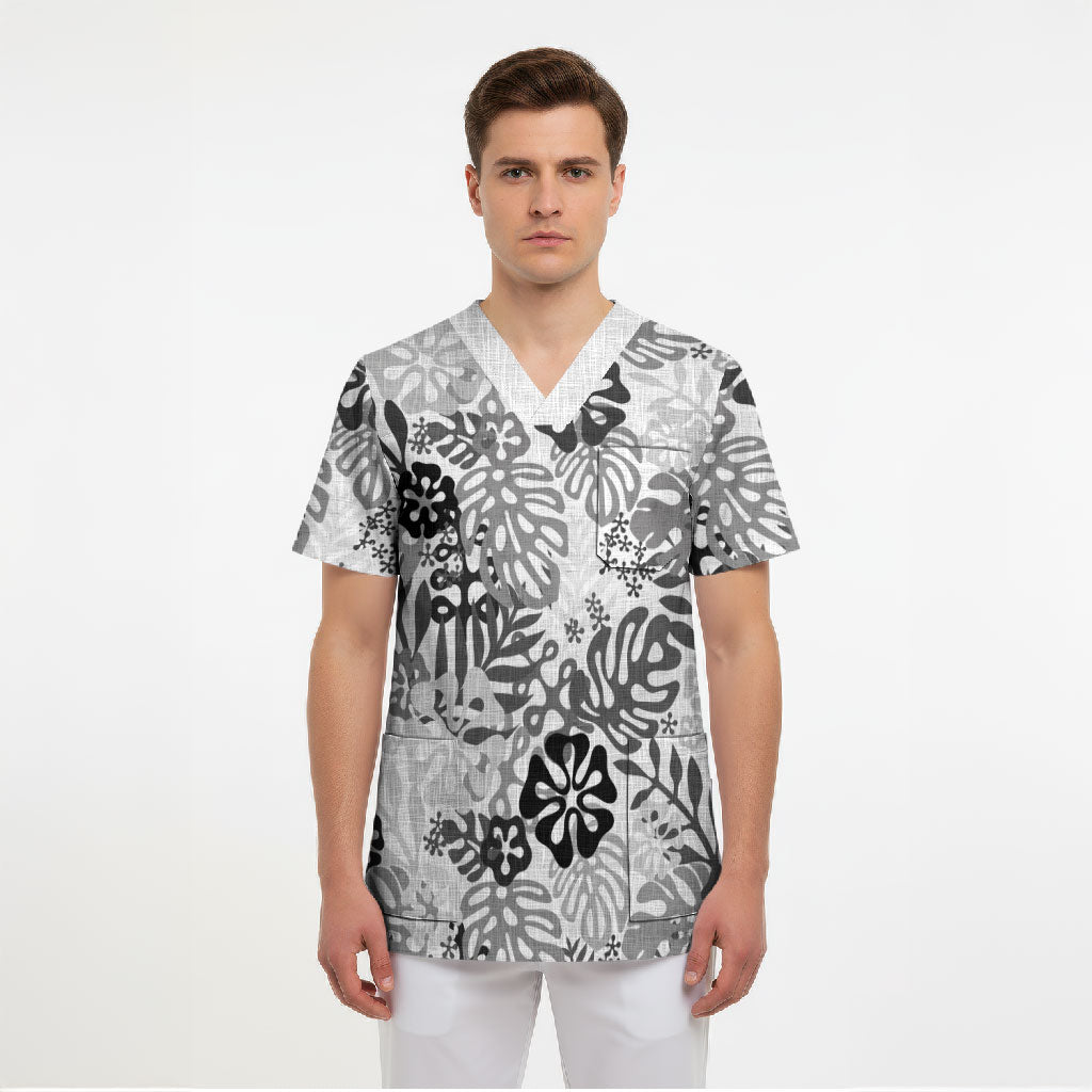 White Aloha Hawaiian Scrub Top Monstera Hibiscus Tropical Pattern