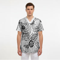 White Aloha Hawaiian Scrub Top Monstera Hibiscus Tropical Pattern