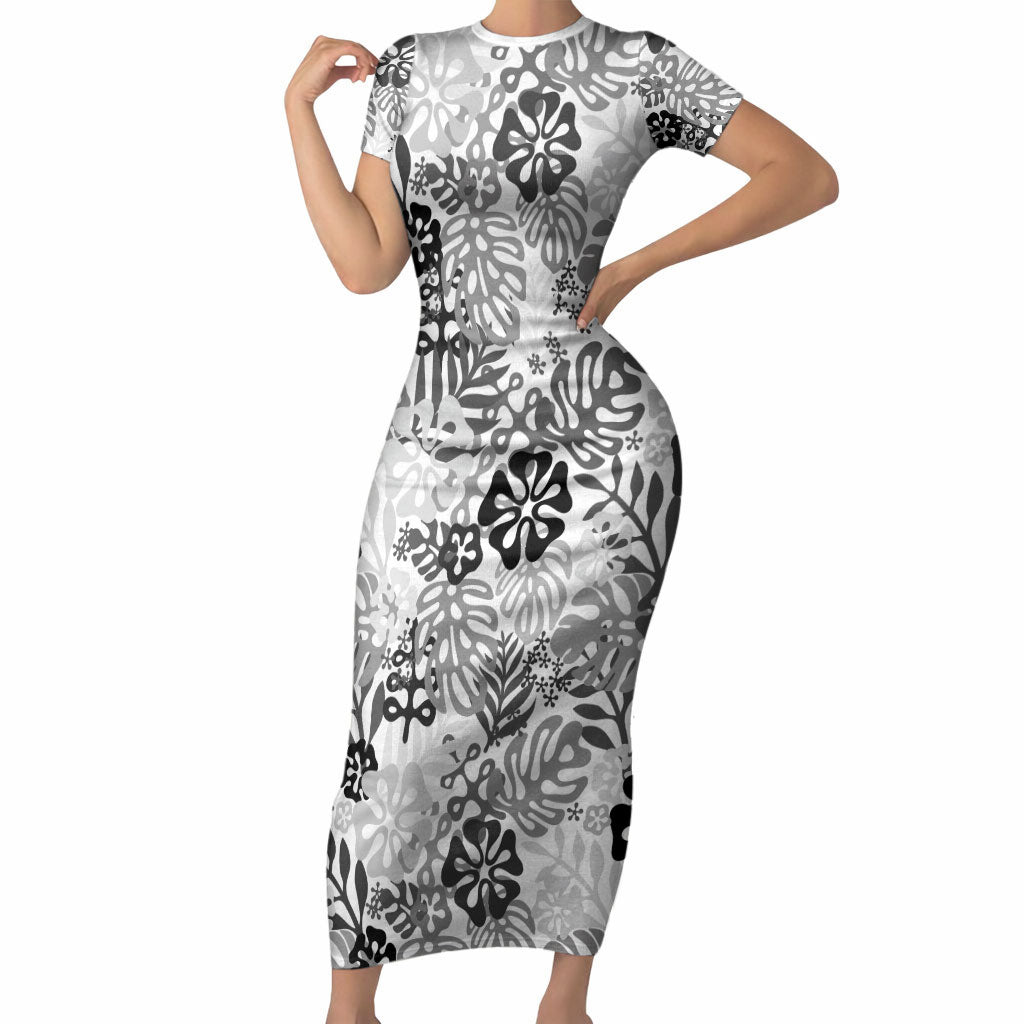 White Aloha Hawaiian Short Sleeve Bodycon Dress Monstera Hibiscus Tropical Pattern