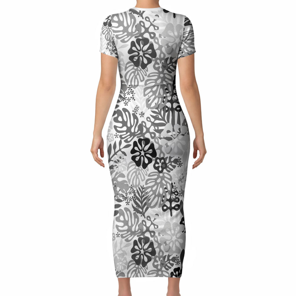 White Aloha Hawaiian Short Sleeve Bodycon Dress Monstera Hibiscus Tropical Pattern