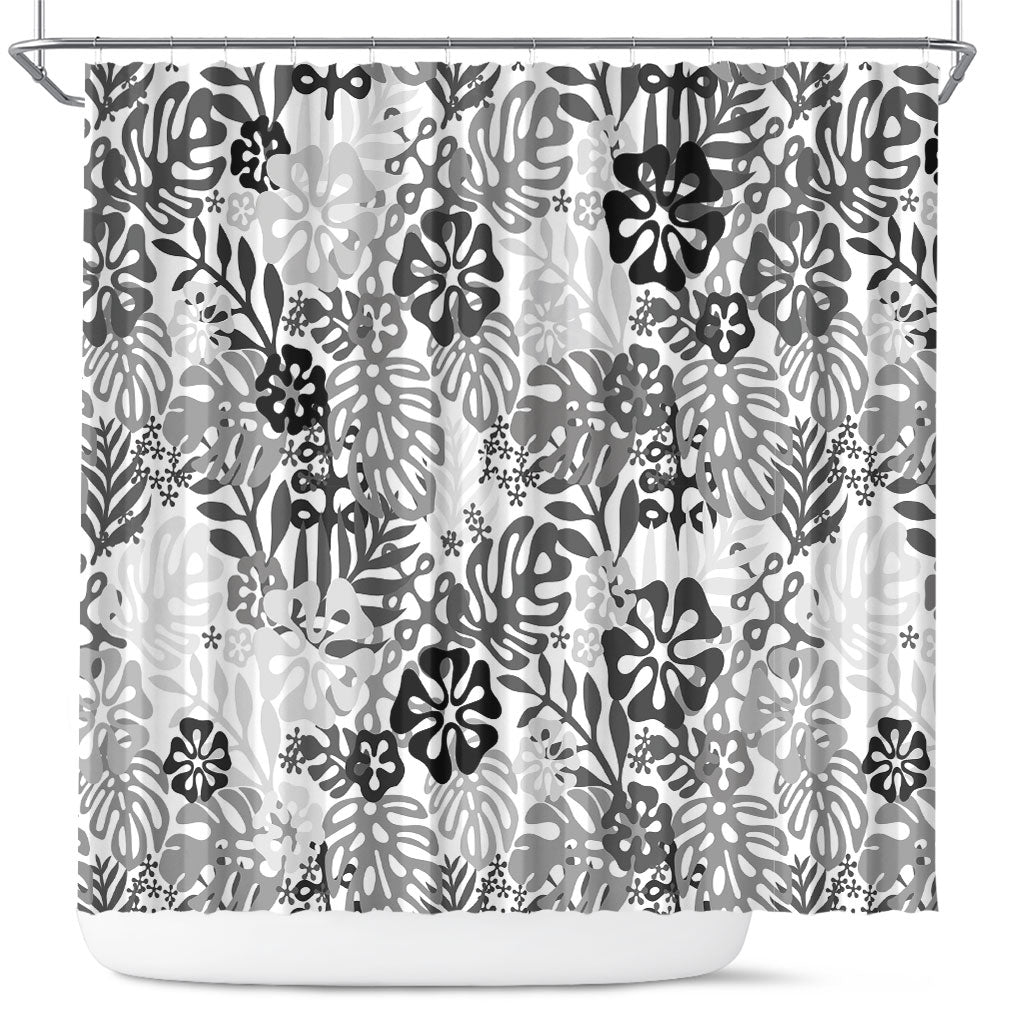 White Aloha Hawaiian Shower Curtain Monstera Hibiscus Tropical Pattern