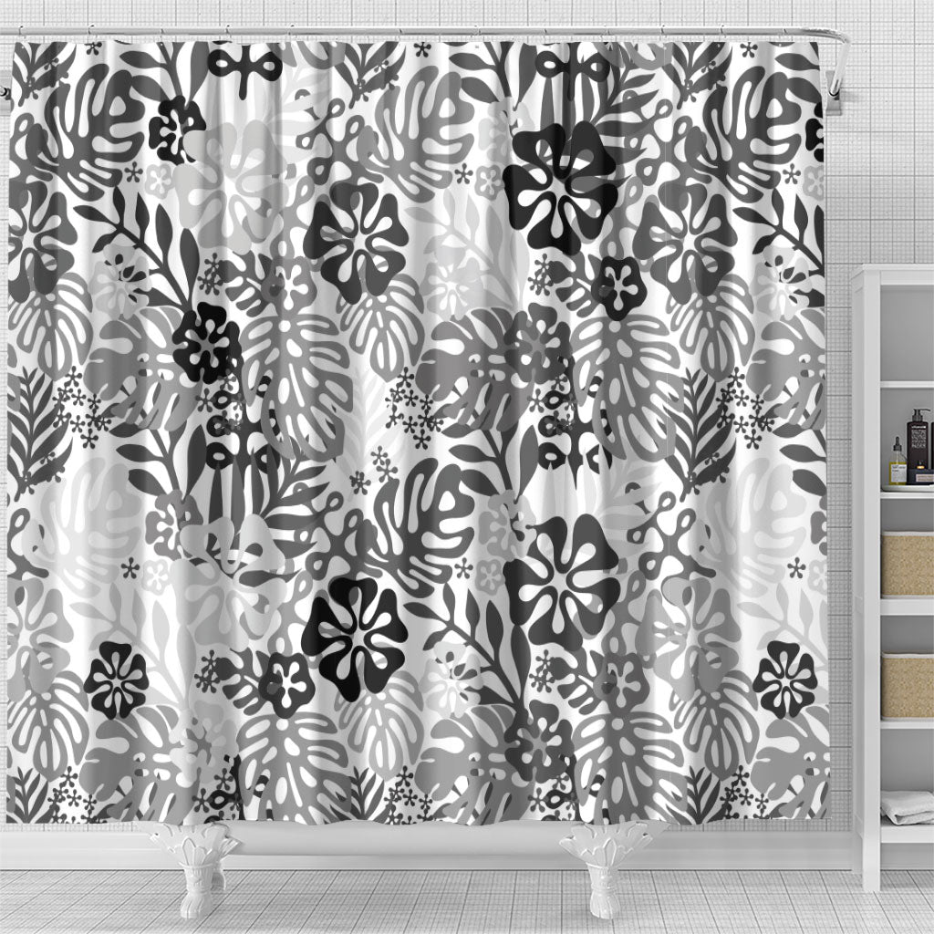 White Aloha Hawaiian Shower Curtain Monstera Hibiscus Tropical Pattern