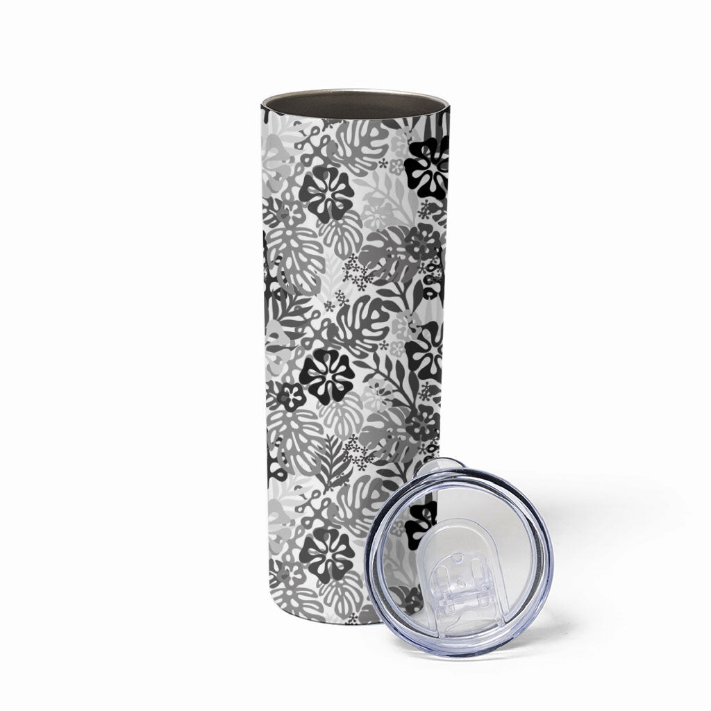 White Aloha Hawaiian Skinny Tumbler Monstera Hibiscus Tropical Pattern