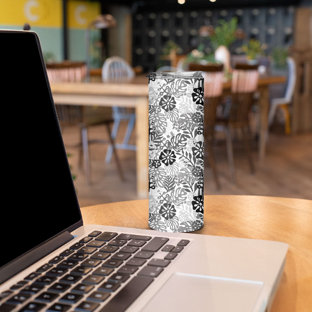 White Aloha Hawaiian Skinny Tumbler Monstera Hibiscus Tropical Pattern