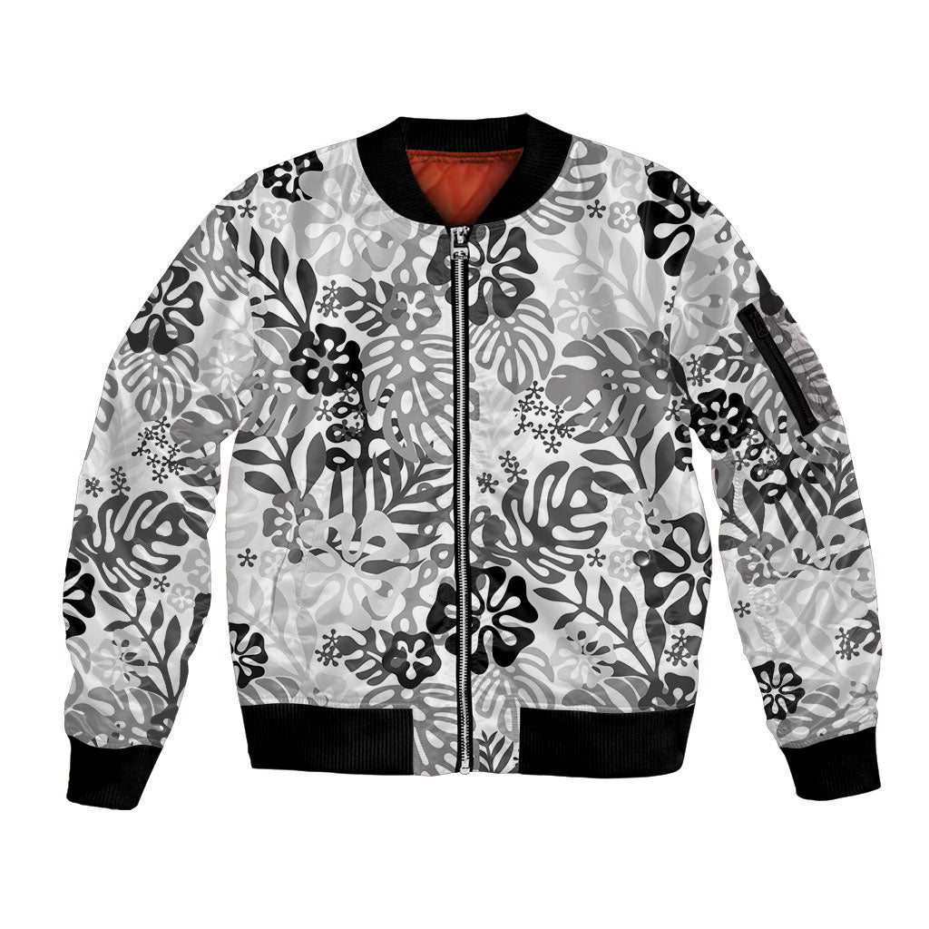 White Aloha Hawaiian Sleeve Zip Bomber Jacket Monstera Hibiscus Tropical Pattern