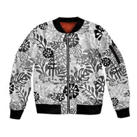 White Aloha Hawaiian Sleeve Zip Bomber Jacket Monstera Hibiscus Tropical Pattern