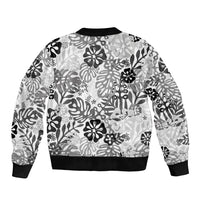 White Aloha Hawaiian Sleeve Zip Bomber Jacket Monstera Hibiscus Tropical Pattern