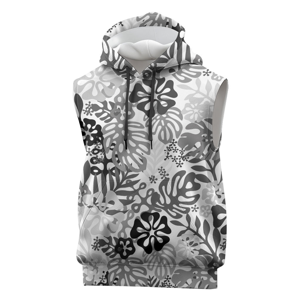 White Aloha Hawaiian Sleeveless Hoodie Monstera Hibiscus Tropical Pattern