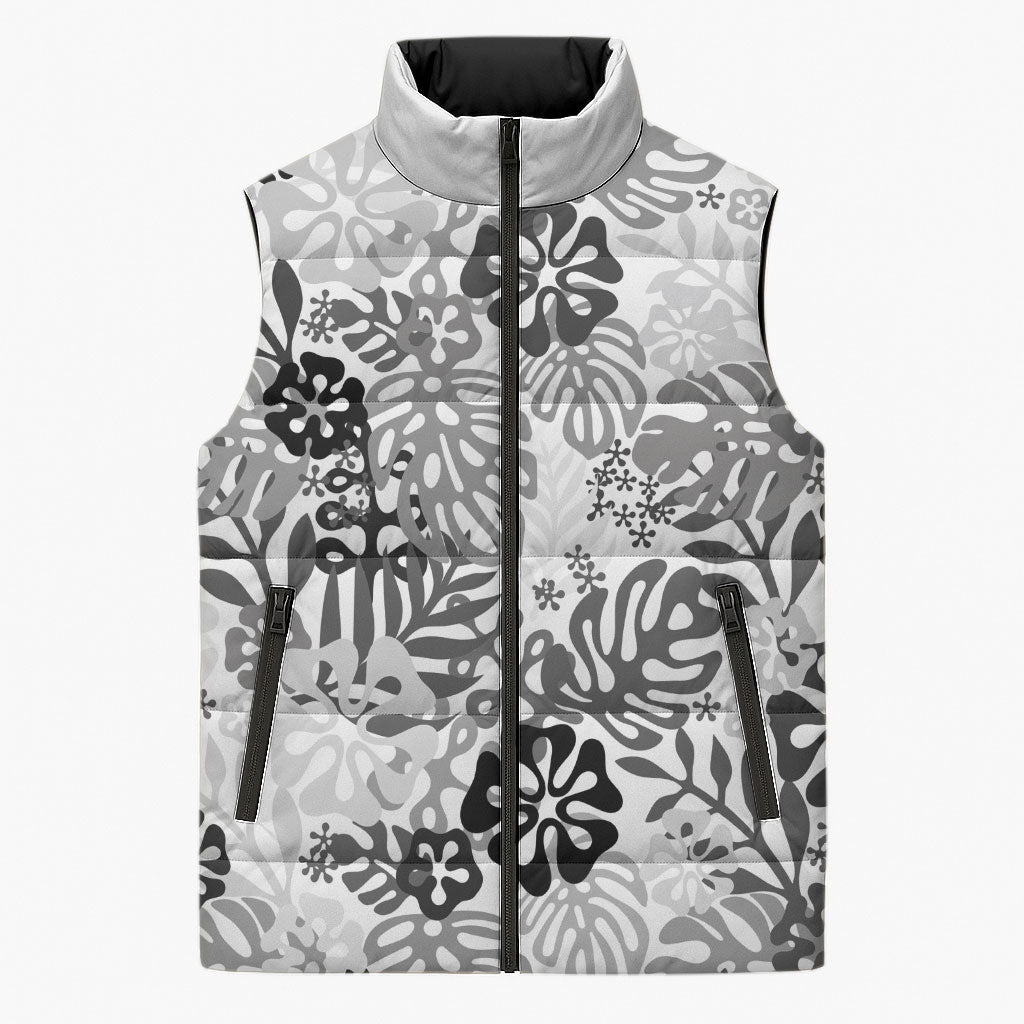 White Aloha Hawaiian Sleeveless Puffer Jacket Monstera Hibiscus Tropical Pattern