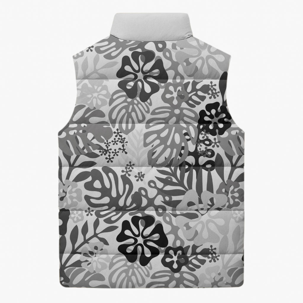 White Aloha Hawaiian Sleeveless Puffer Jacket Monstera Hibiscus Tropical Pattern