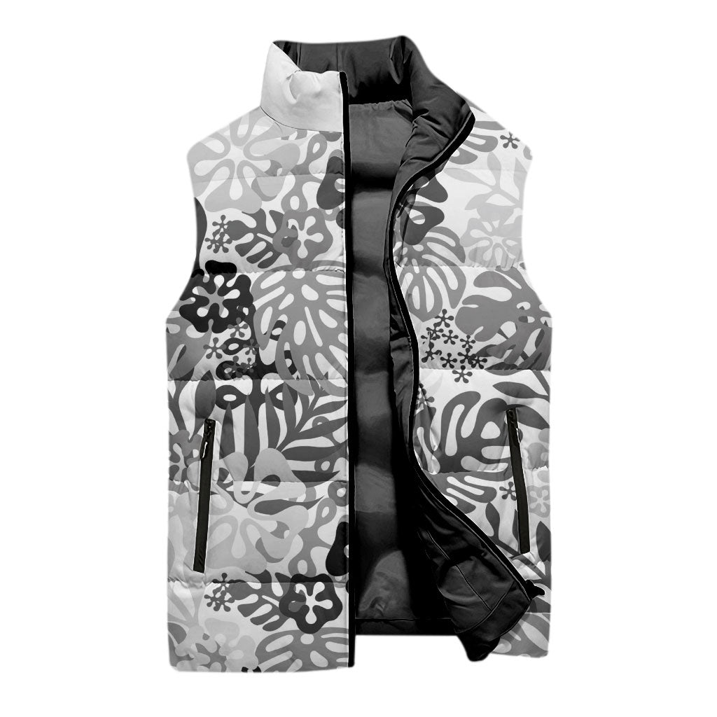 White Aloha Hawaiian Sleeveless Puffer Jacket Monstera Hibiscus Tropical Pattern