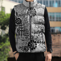 White Aloha Hawaiian Sleeveless Puffer Jacket Monstera Hibiscus Tropical Pattern