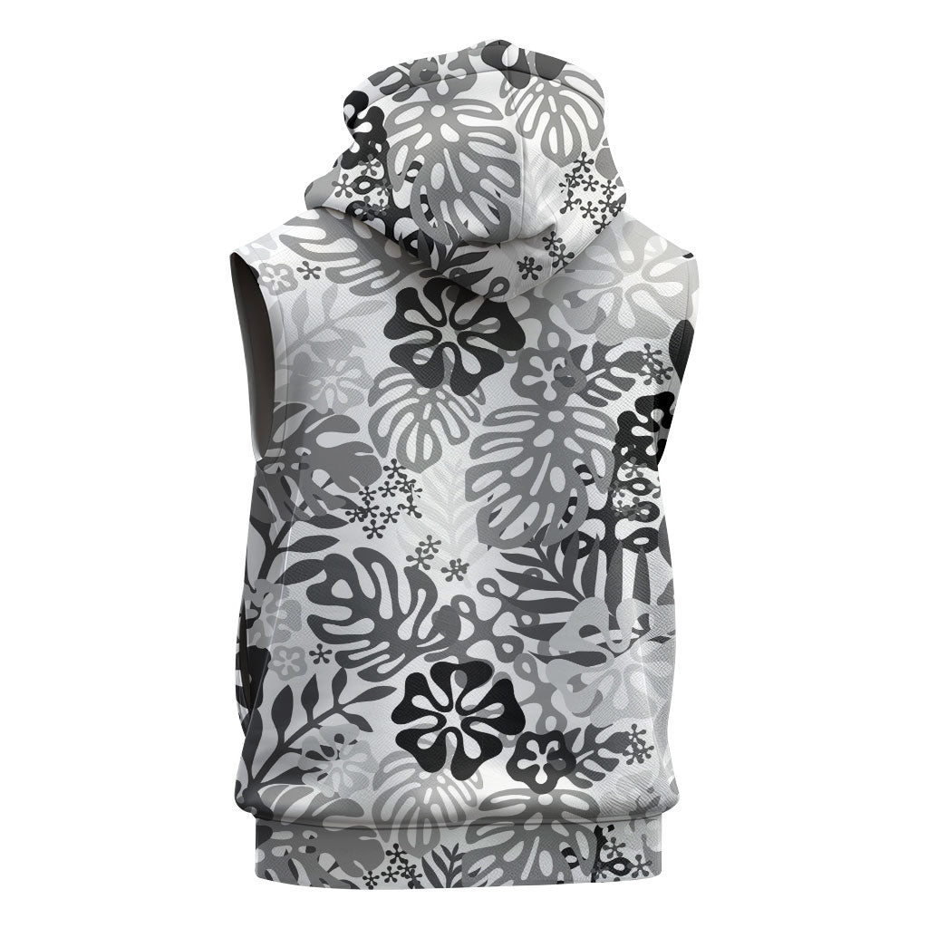 White Aloha Hawaiian Sleeveless Zip Hoodie Monstera Hibiscus Tropical Pattern