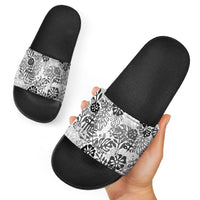 White Aloha Hawaiian Slide Sandals Monstera Hibiscus Tropical Pattern