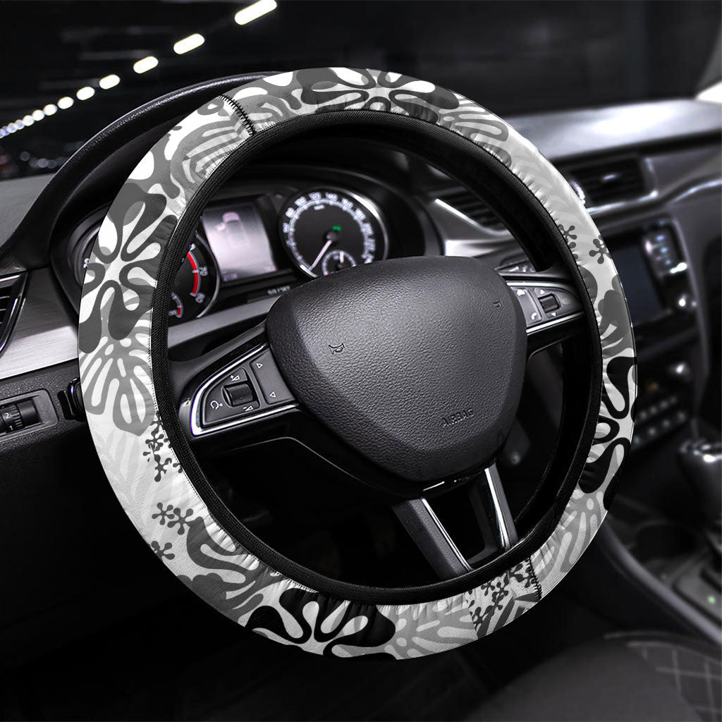 White Aloha Hawaiian Steering Wheel Cover Monstera Hibiscus Tropical Pattern