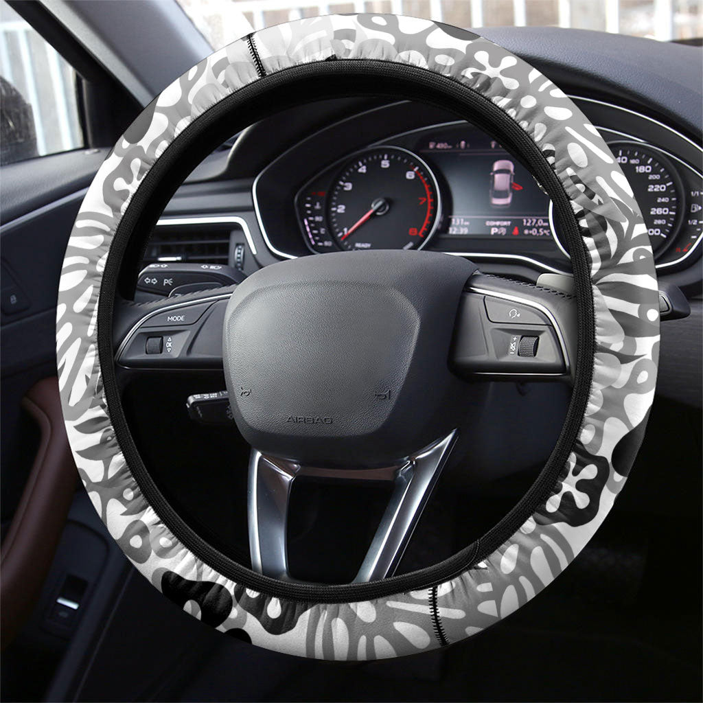 White Aloha Hawaiian Steering Wheel Cover Monstera Hibiscus Tropical Pattern
