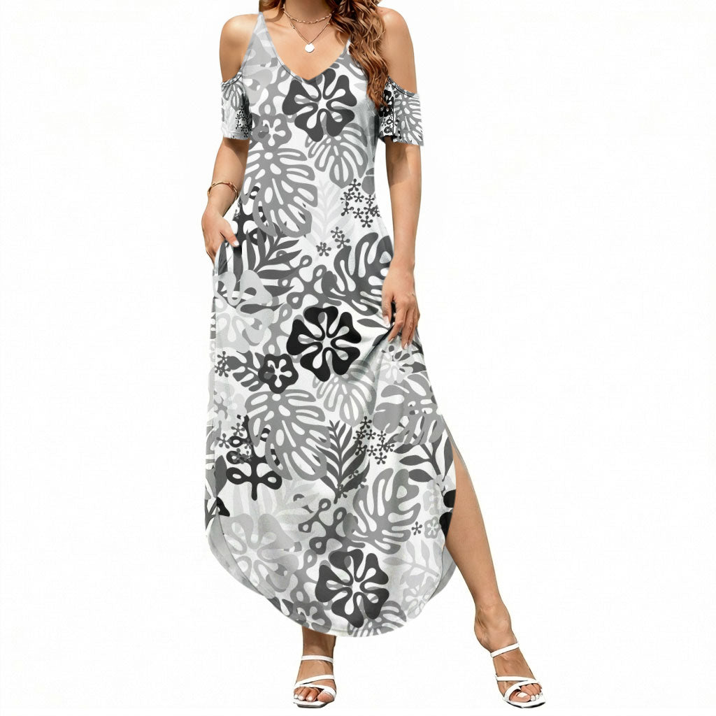 White Aloha Hawaiian Summer Maxi Dress Monstera Hibiscus Tropical Pattern