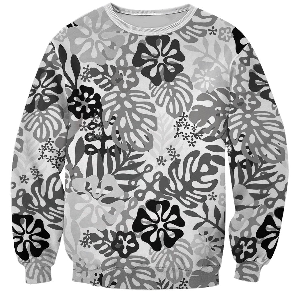 White Aloha Hawaiian Sweatshirt Monstera Hibiscus Tropical Pattern